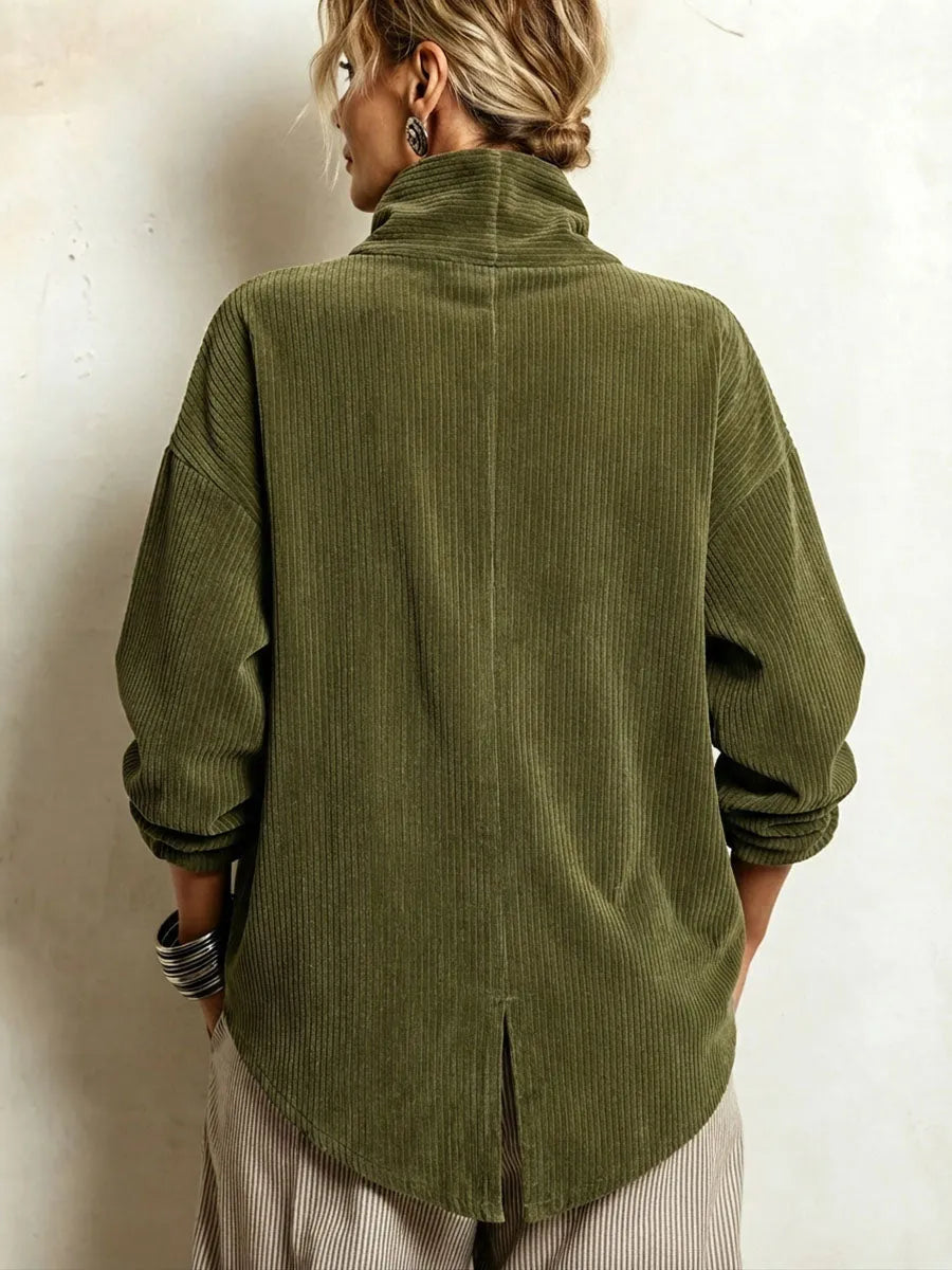Women's Ribbed Corduroy High Neck Sweater with Diagonal Buttons