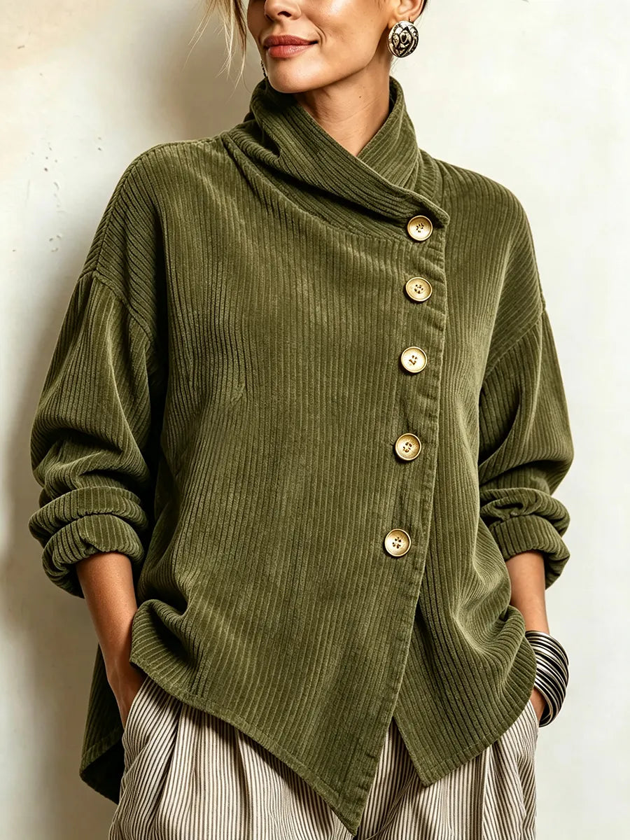Women's Ribbed Corduroy High Neck Sweater with Diagonal Buttons