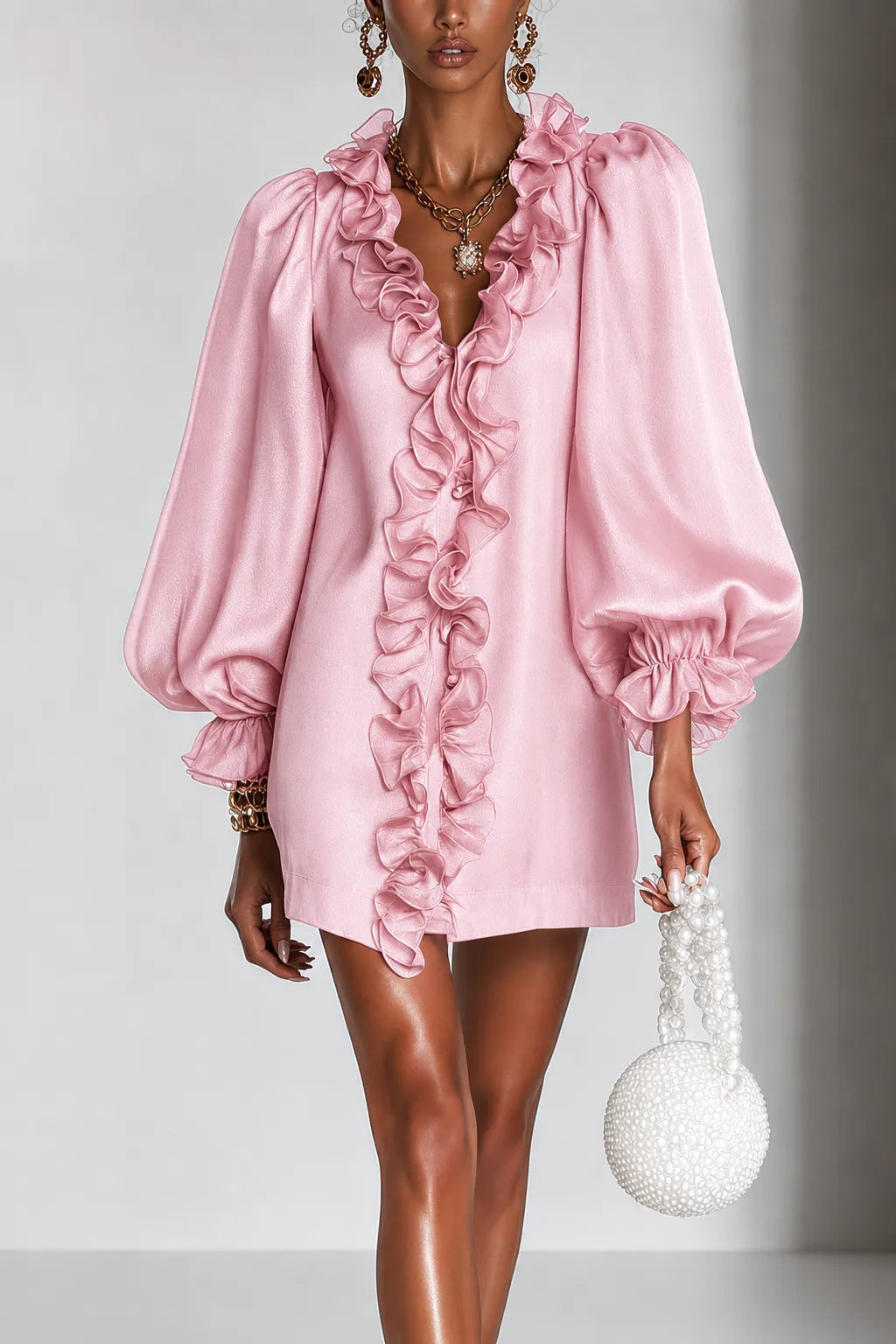 Women's Ruffled Mini Dress with Puff Sleeves