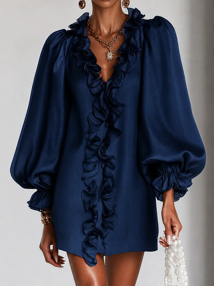 Women's Ruffled Mini Dress with Puff Sleeves