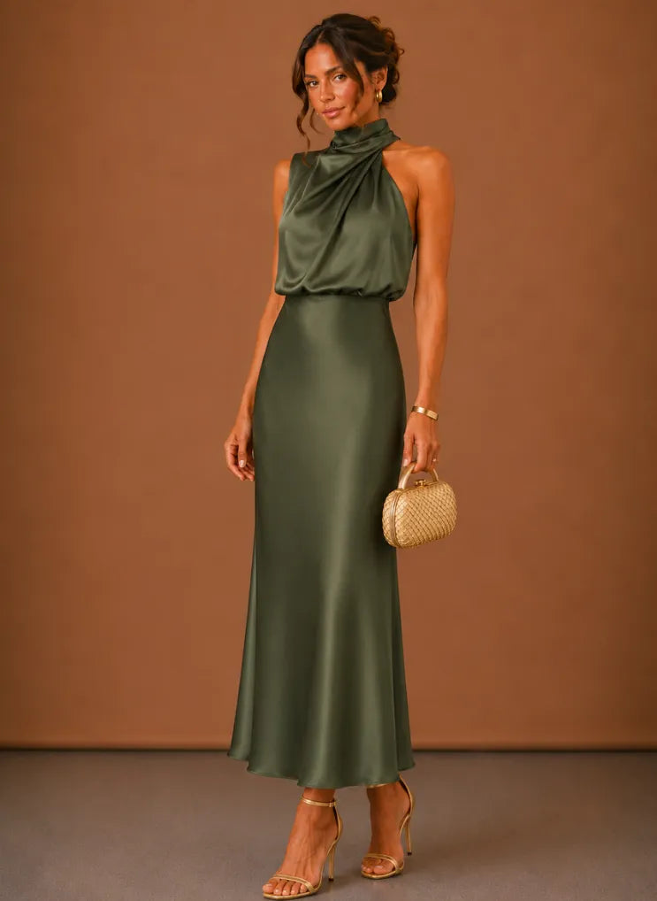Women's Satin Halter-Neck Maxi Dress with Flowing Hem