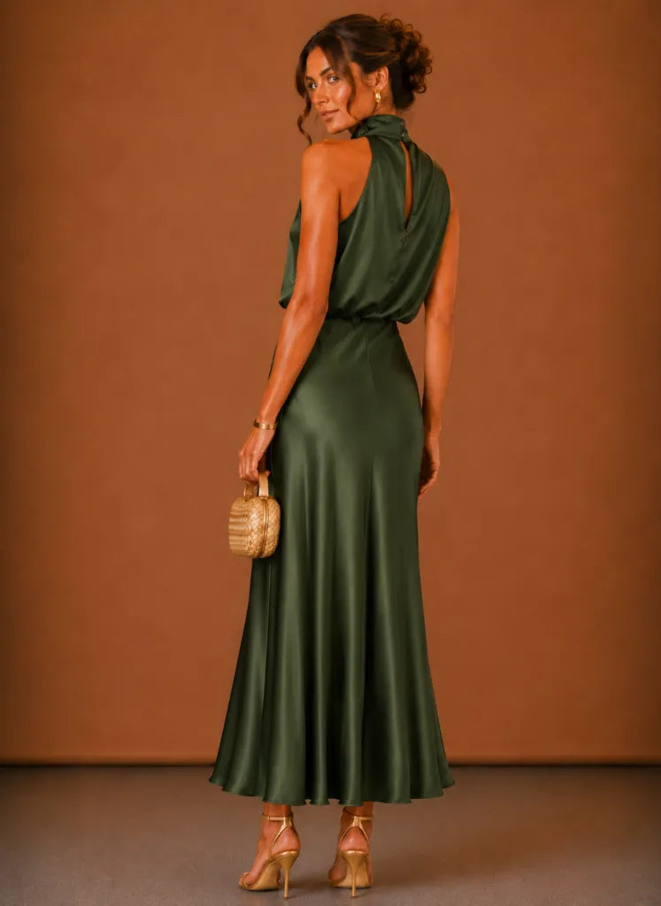 Women's Satin Halter-Neck Maxi Dress with Flowing Hem