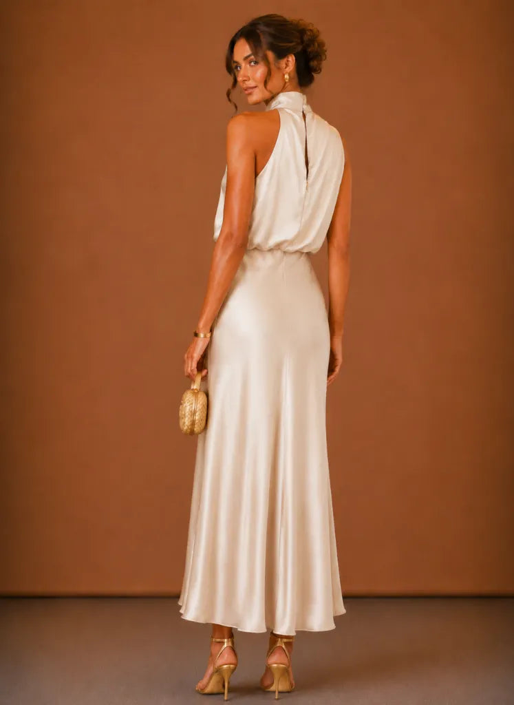 Women's Satin Halter-Neck Maxi Dress with Flowing Hem