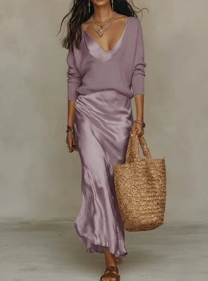 Women's Satin Midi Dress and Sweater Set