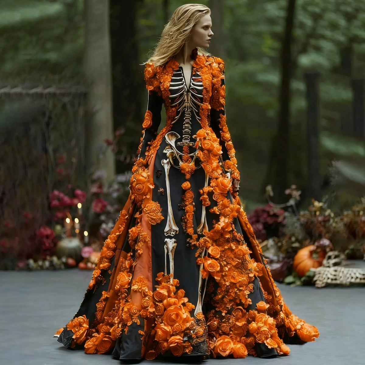 Women's Skeleton Floral Print Long-Sleeve Maxi Dress