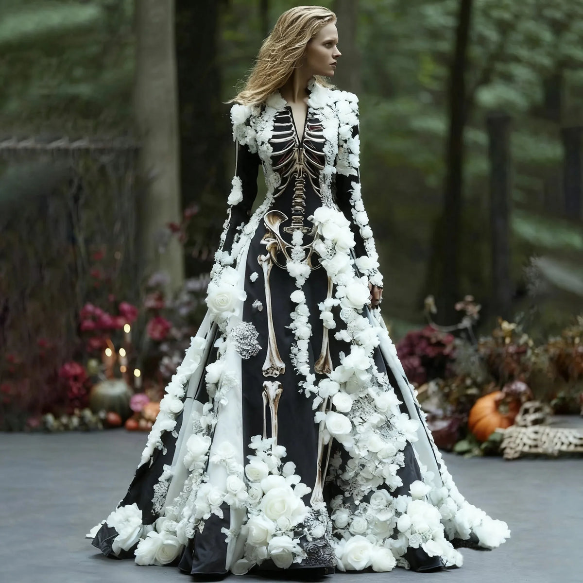 Women's Skeleton Floral Print Long-Sleeve Maxi Dress