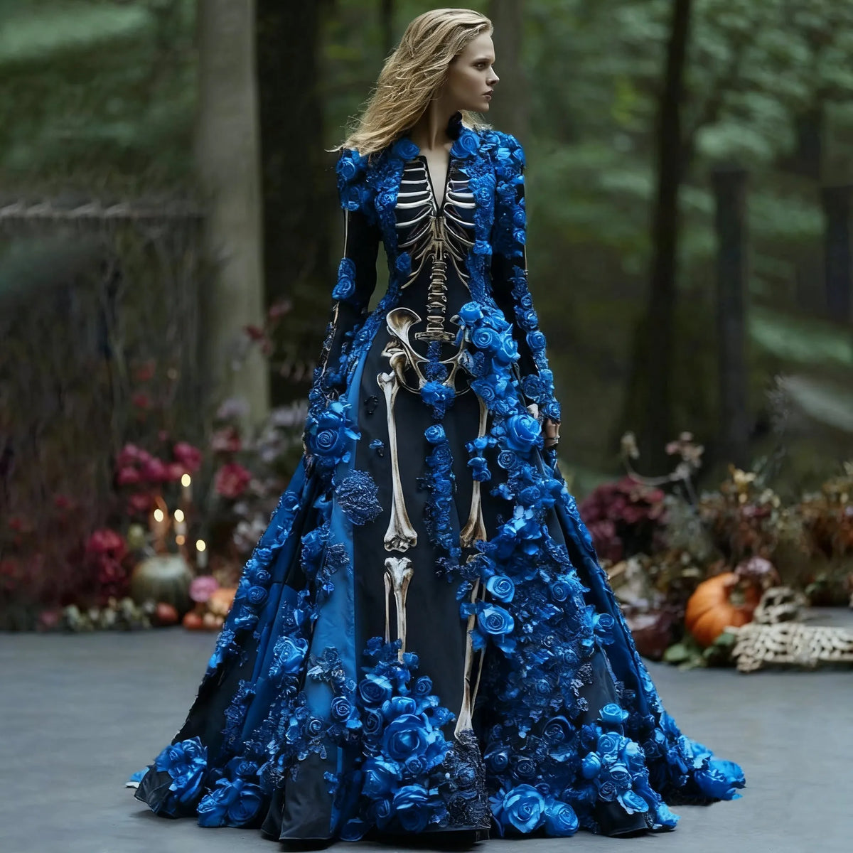 Women's Skeleton Floral Print Long-Sleeve Maxi Dress