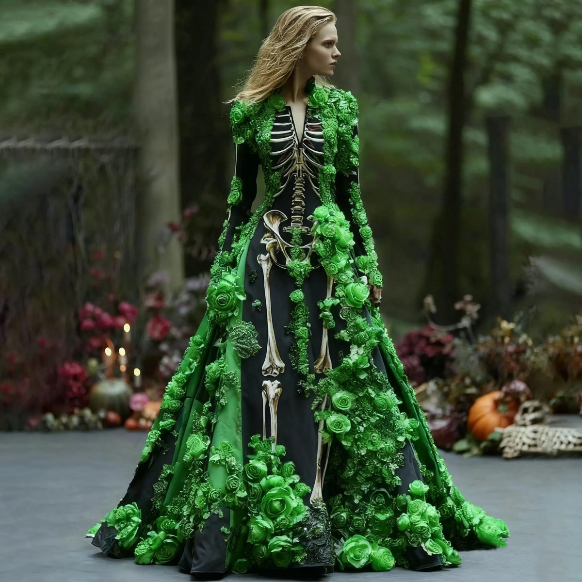 Women's Skeleton Floral Print Long-Sleeve Maxi Dress