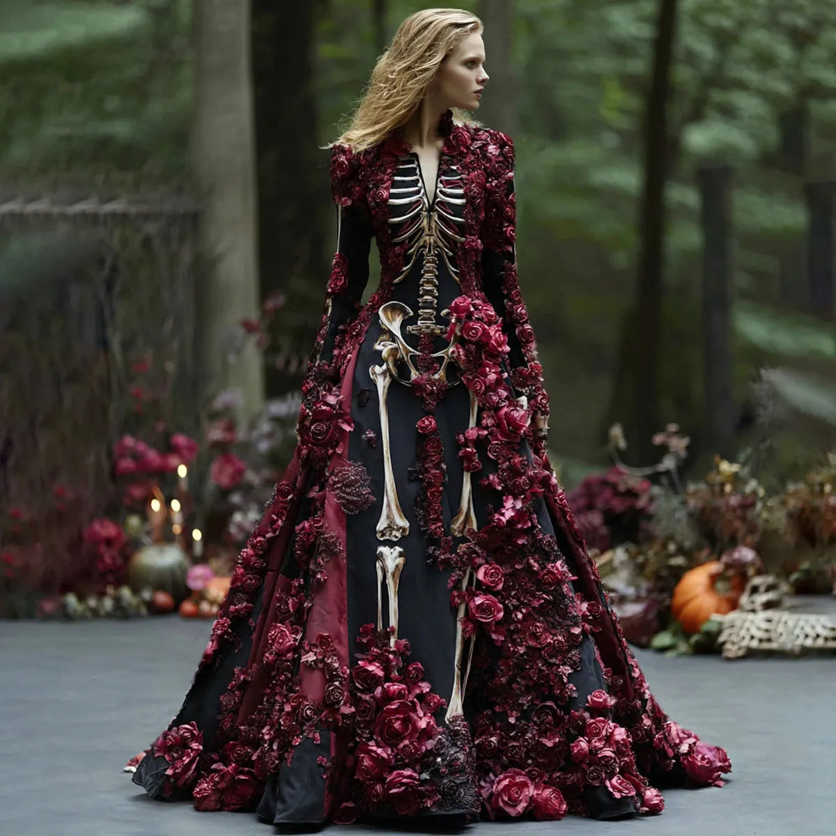 Women's Skeleton Floral Print Long-Sleeve Maxi Dress