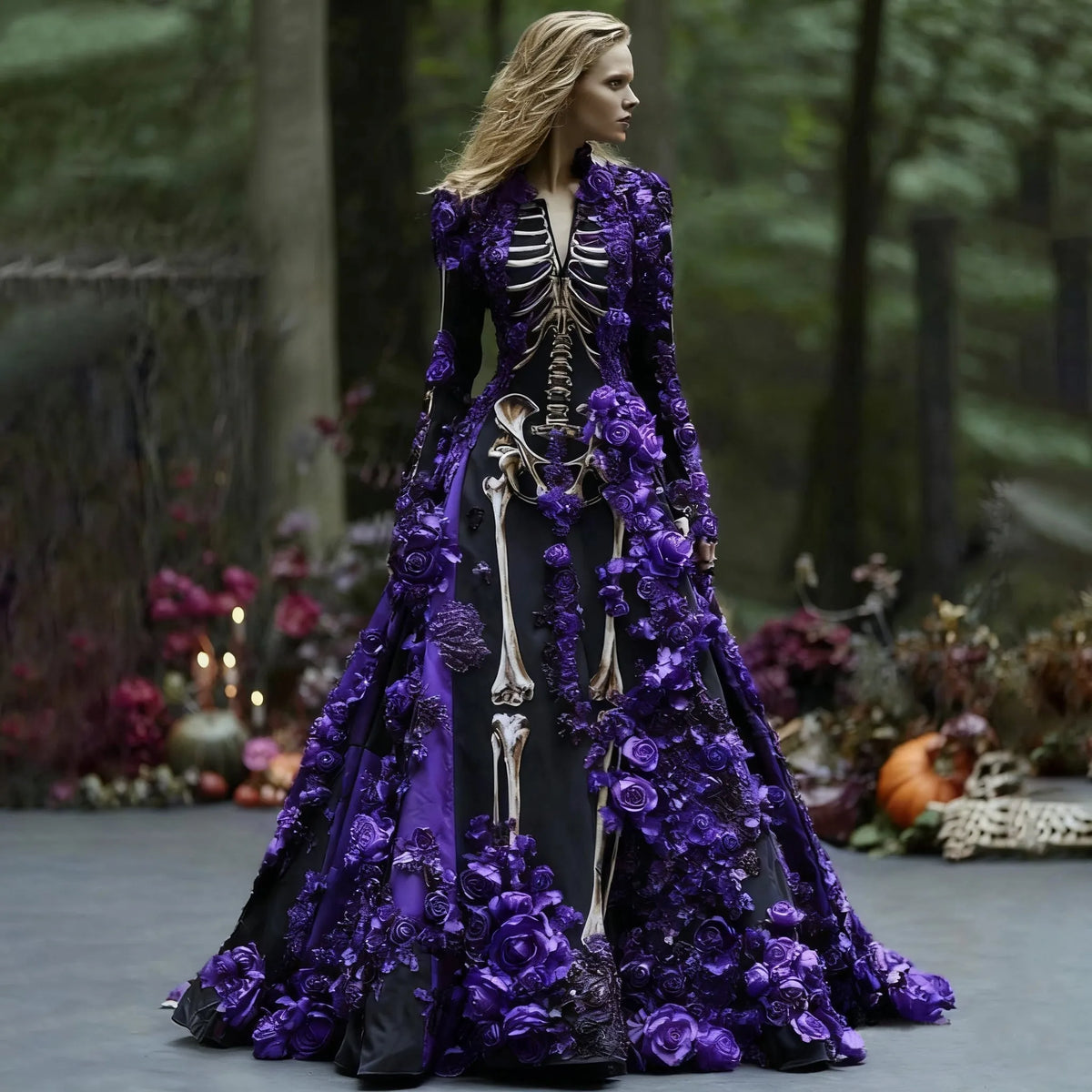 Women's Skeleton Floral Print Long-Sleeve Maxi Dress