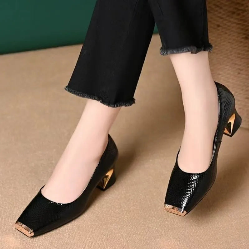 Women's Snake Print Square Toe Pumps with Block Heel