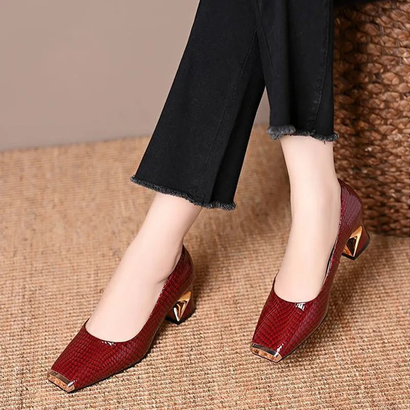 Women's Snake Print Square Toe Pumps with Block Heel