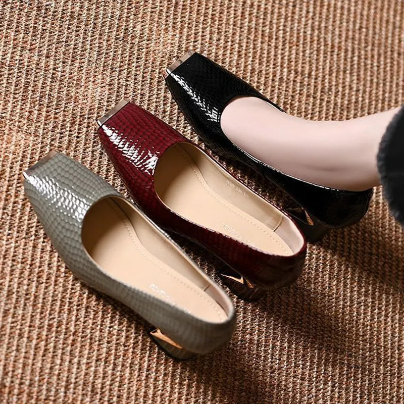 Women's Snake Print Square Toe Pumps with Block Heel