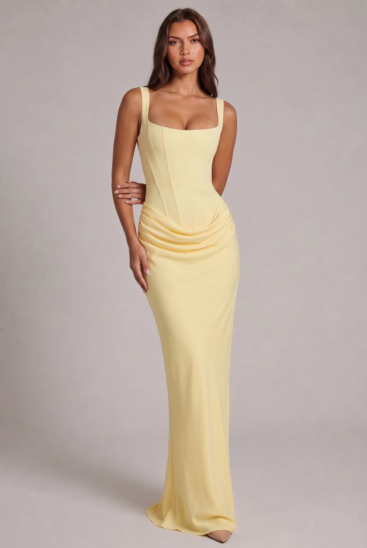 Women's Square Neck Corset Maxi Dress with Lace-Up Back