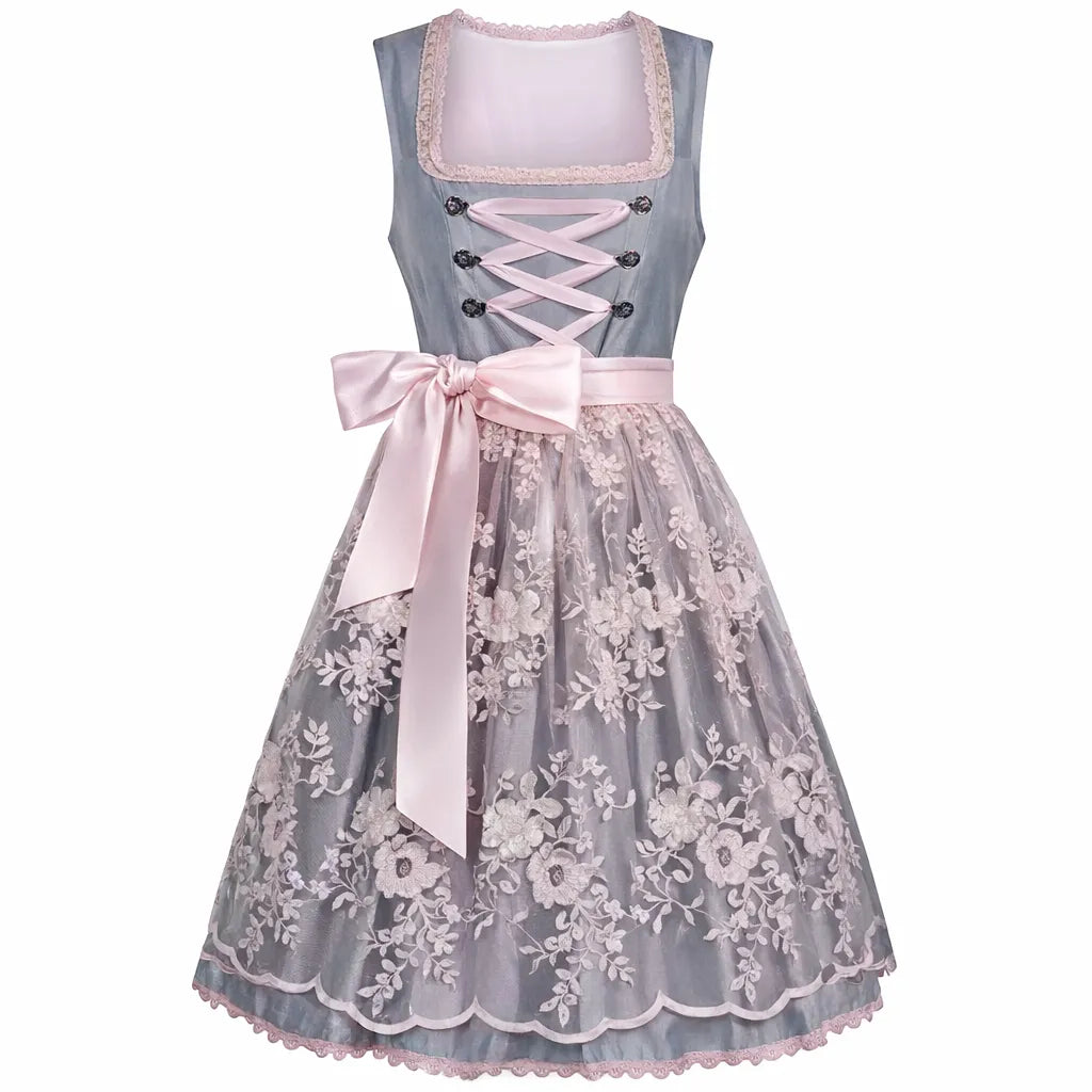 Women's Stand Collar Lace Overlay Front-Lace Dirndl Dress