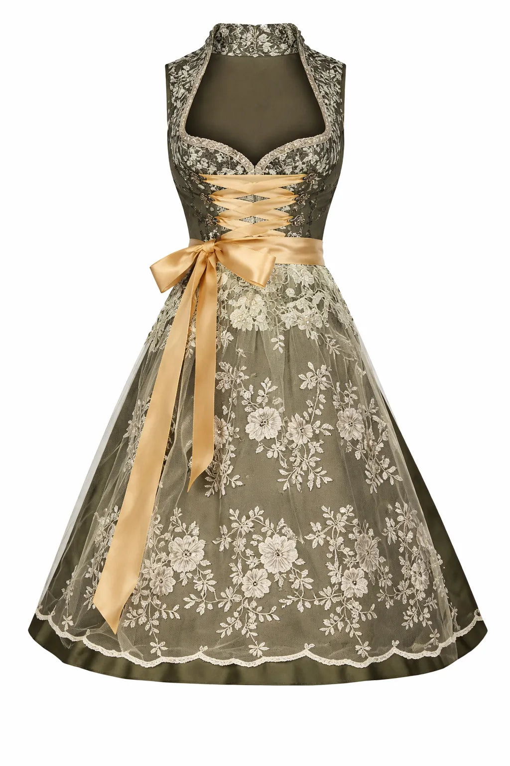 Women's Stand Collar Lace Overlay Front-Lace Dirndl Dress