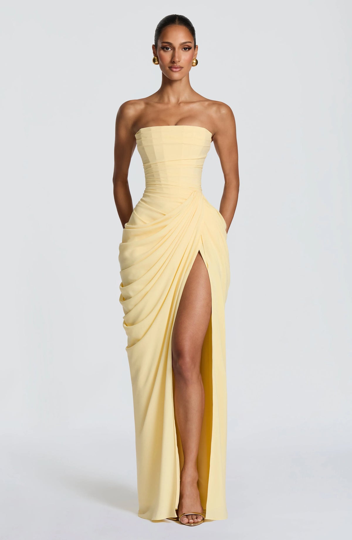 Women's Strapless Corset Maxi Dress with High Slit