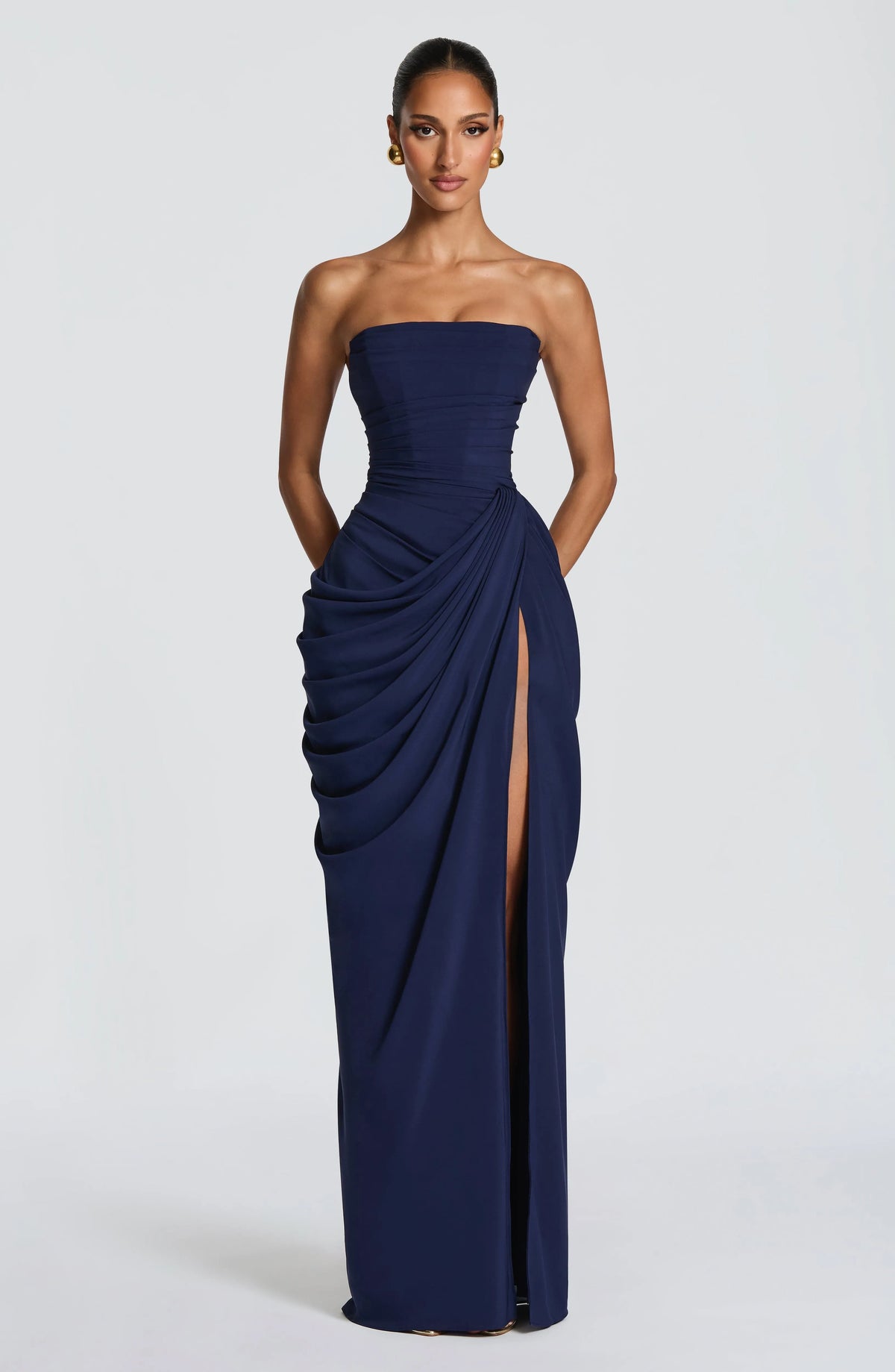 Women's Strapless Corset Maxi Dress with High Slit