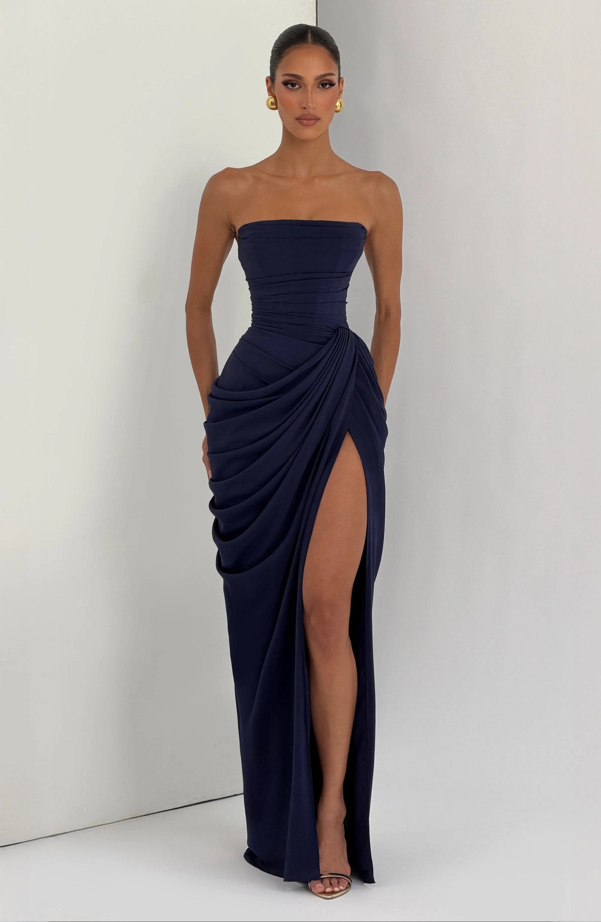 Women's Strapless Corset Maxi Dress with High Slit