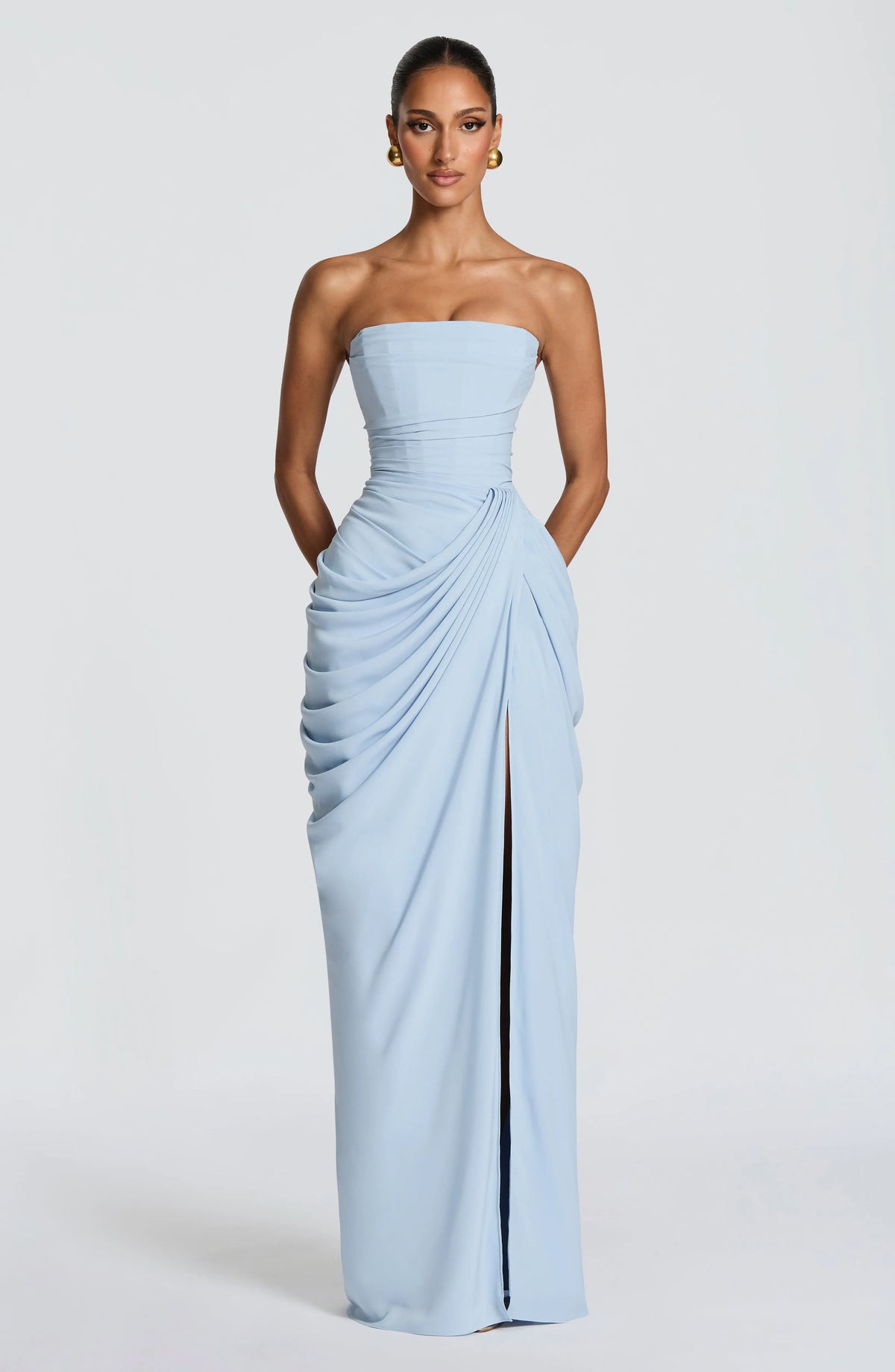 Women's Strapless Corset Maxi Dress with High Slit