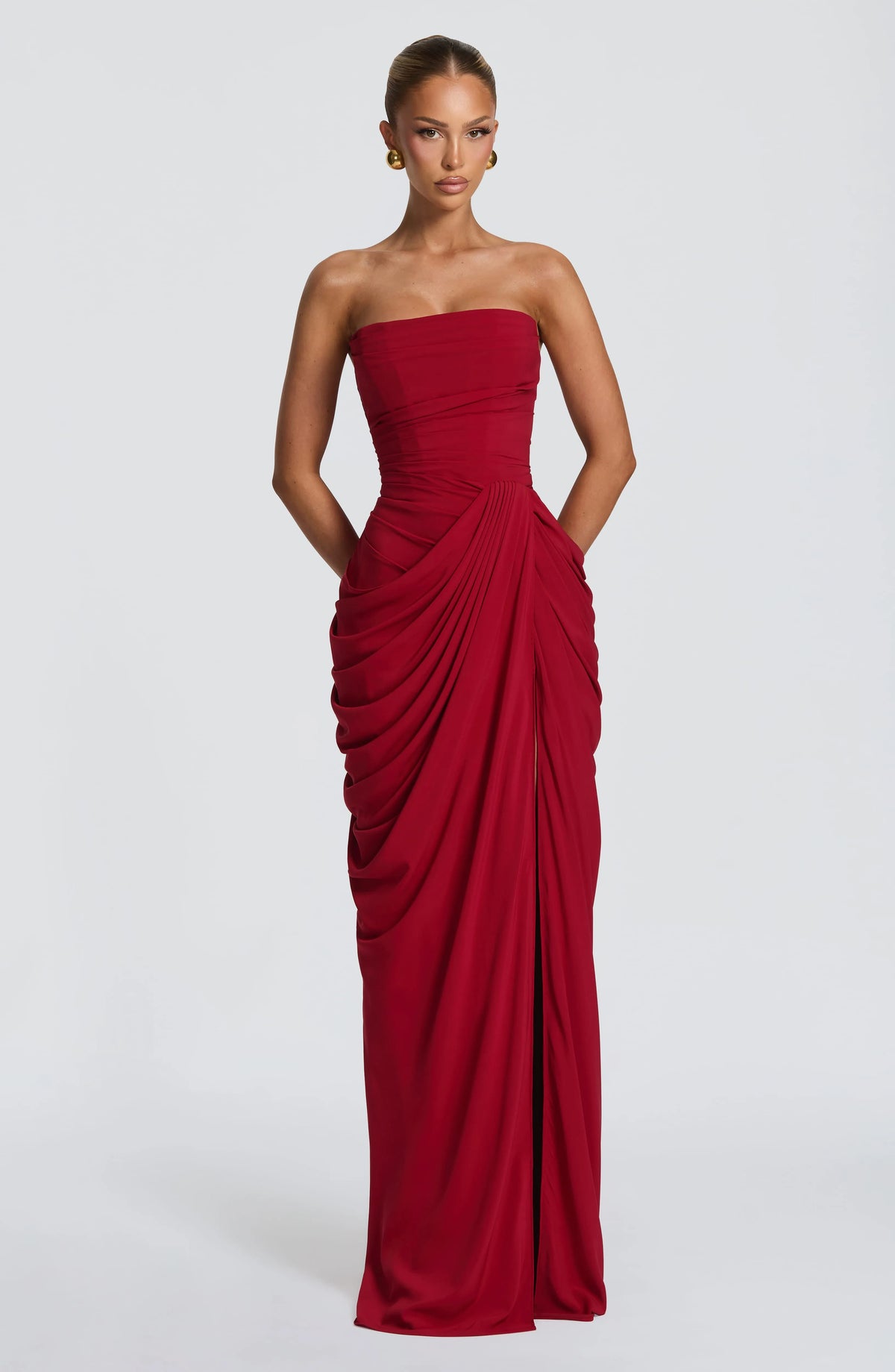 Women's Strapless Corset Maxi Dress with High Slit
