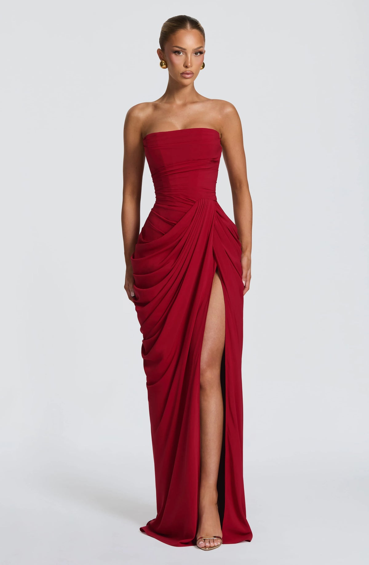 Women's Strapless Corset Maxi Dress with High Slit
