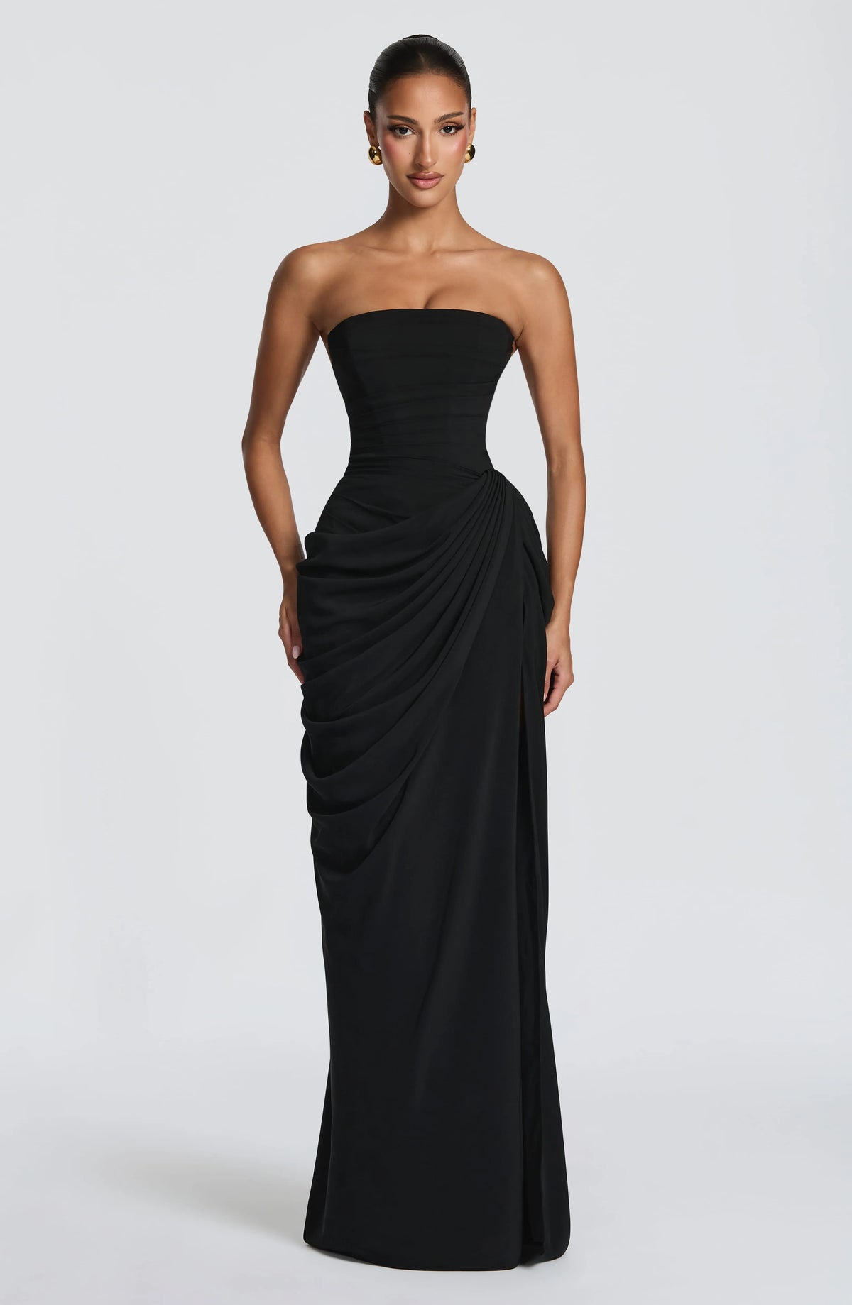 Women's Strapless Corset Maxi Dress with High Slit