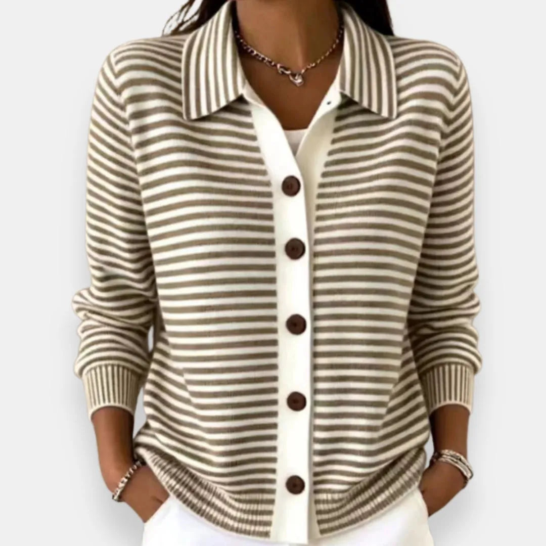 Women's Striped Button-Up Cardigan with Ribbed Cuffs