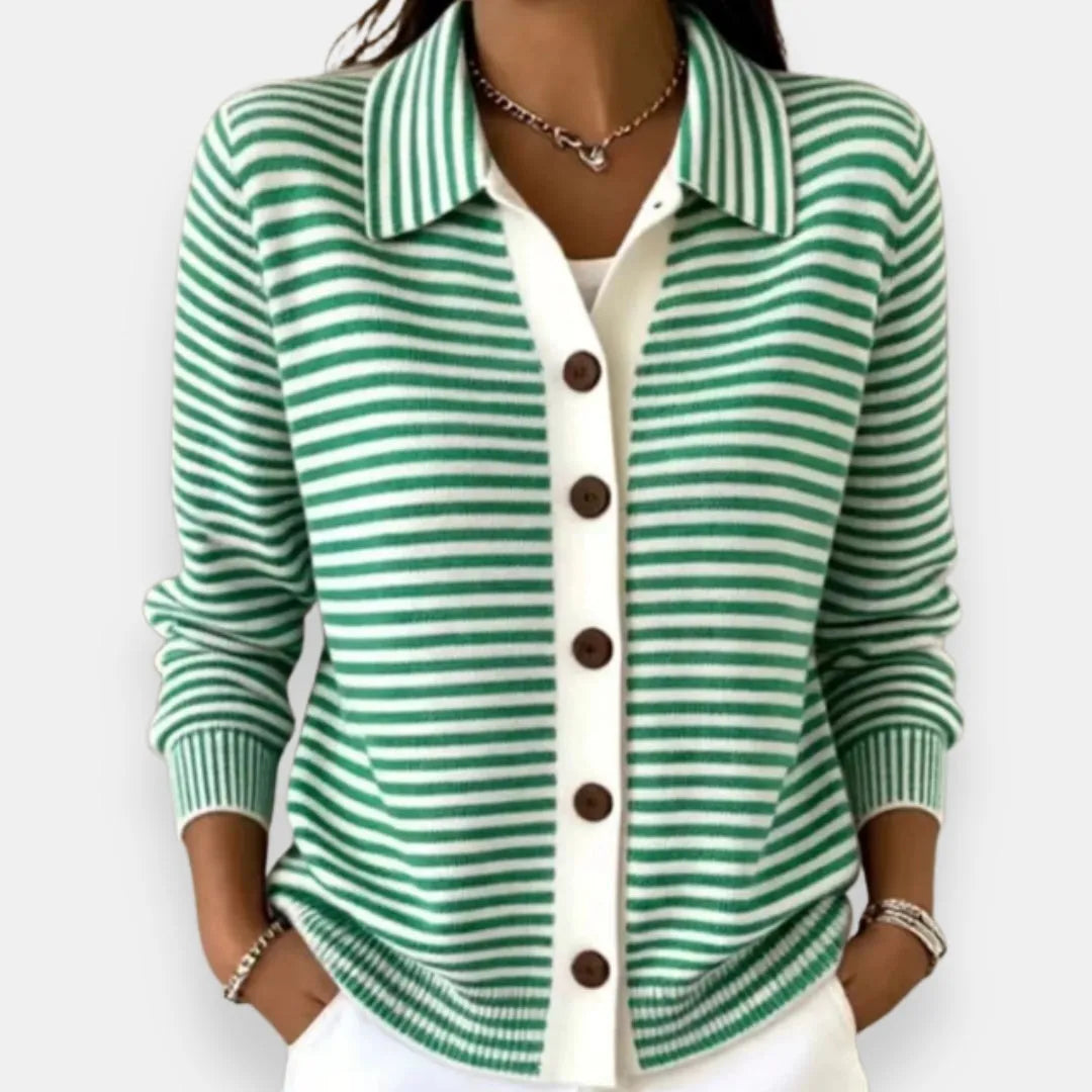 Women's Striped Button-Up Cardigan with Ribbed Cuffs