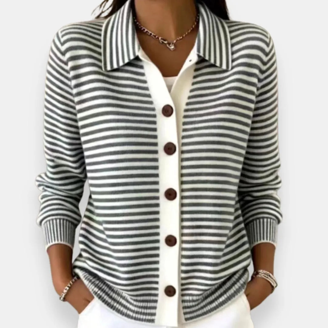 Women's Striped Button-Up Cardigan with Ribbed Cuffs
