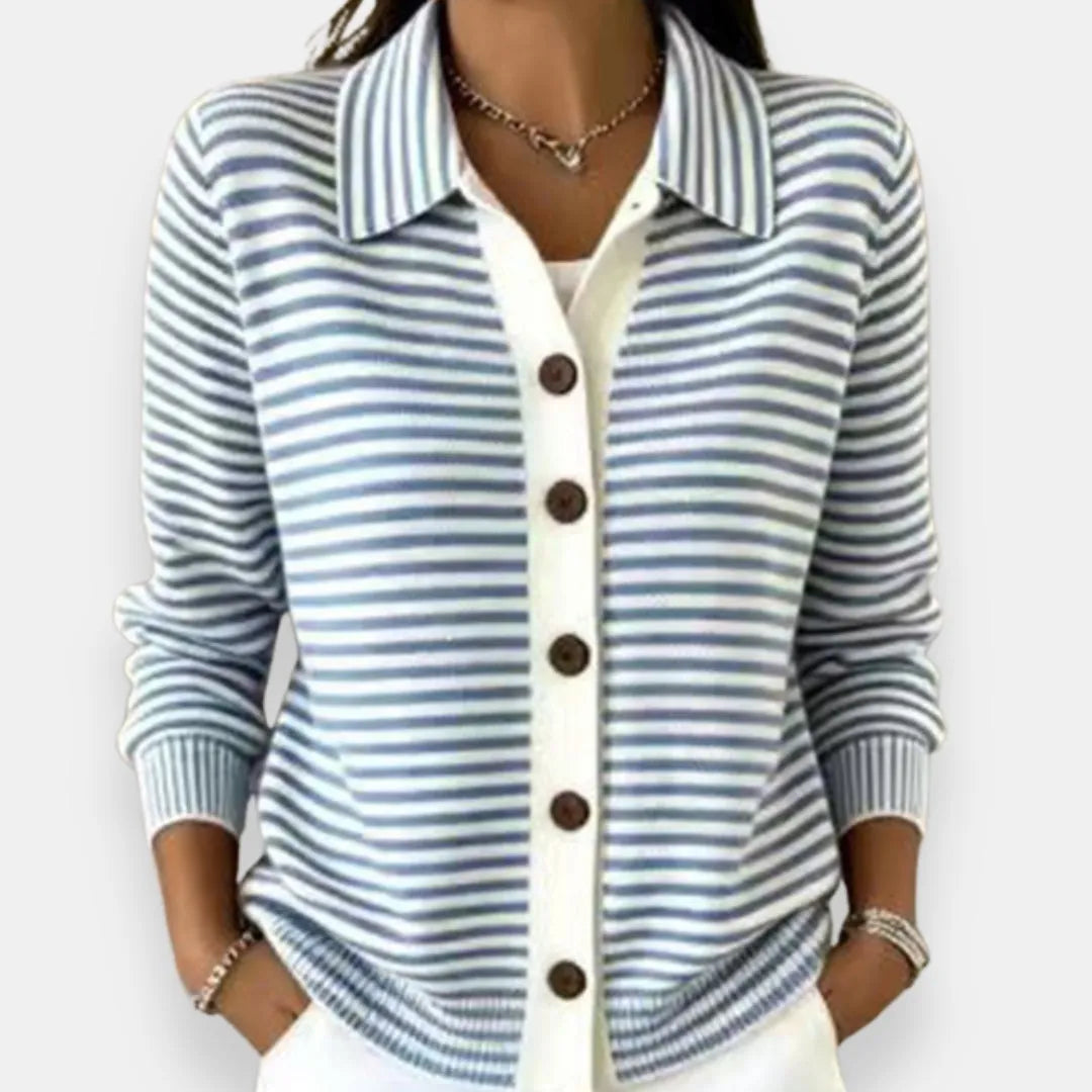 Women's Striped Button-Up Cardigan with Ribbed Cuffs