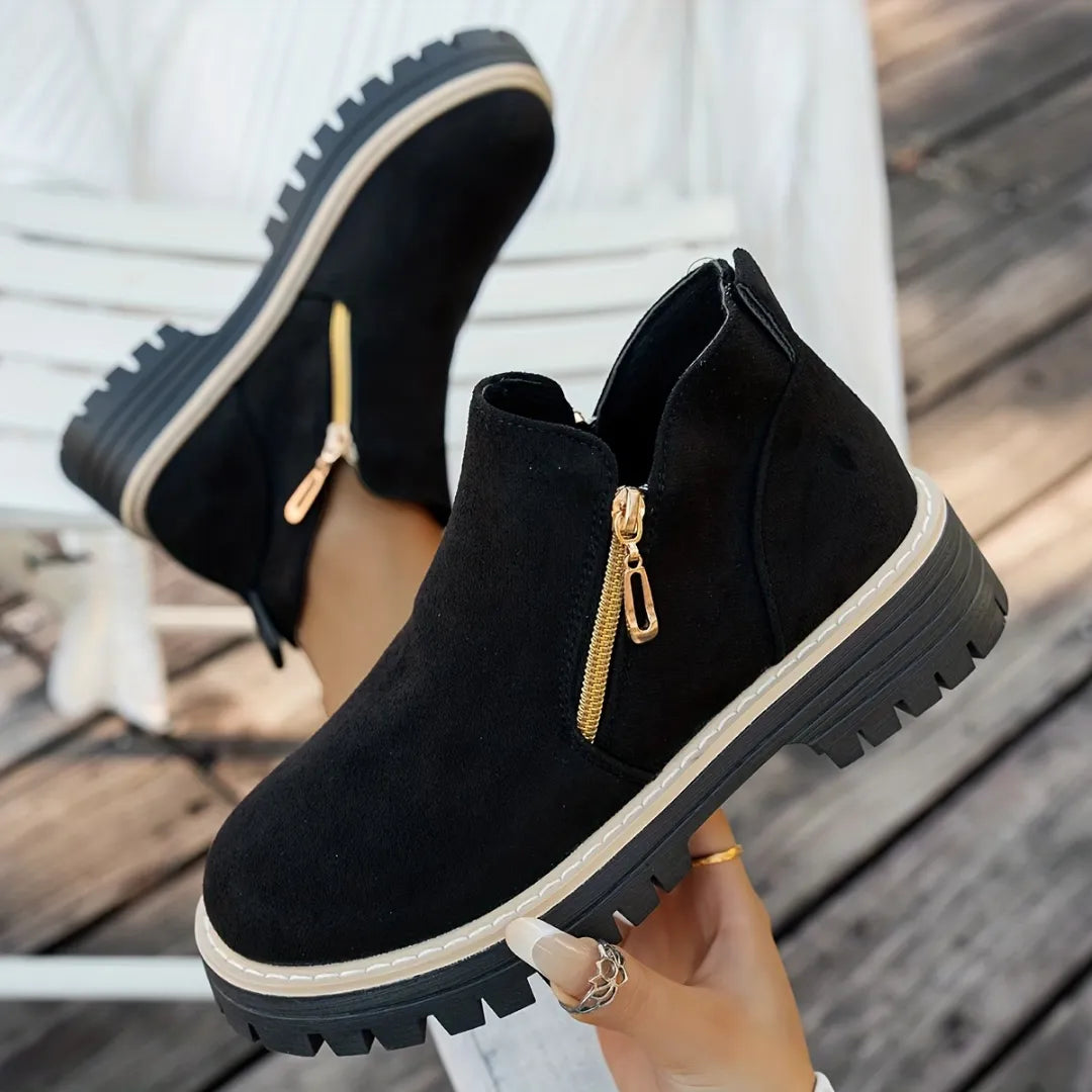 Women's Suede-Look Ankle Boots with Dual Gold-Tone Zippers
