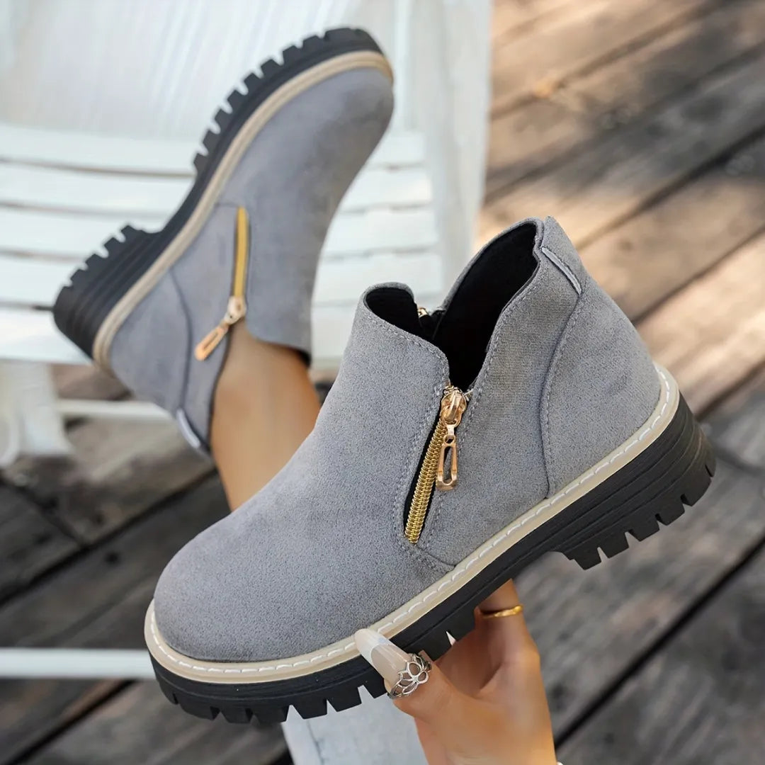 Women's Suede-Look Ankle Boots with Dual Gold-Tone Zippers