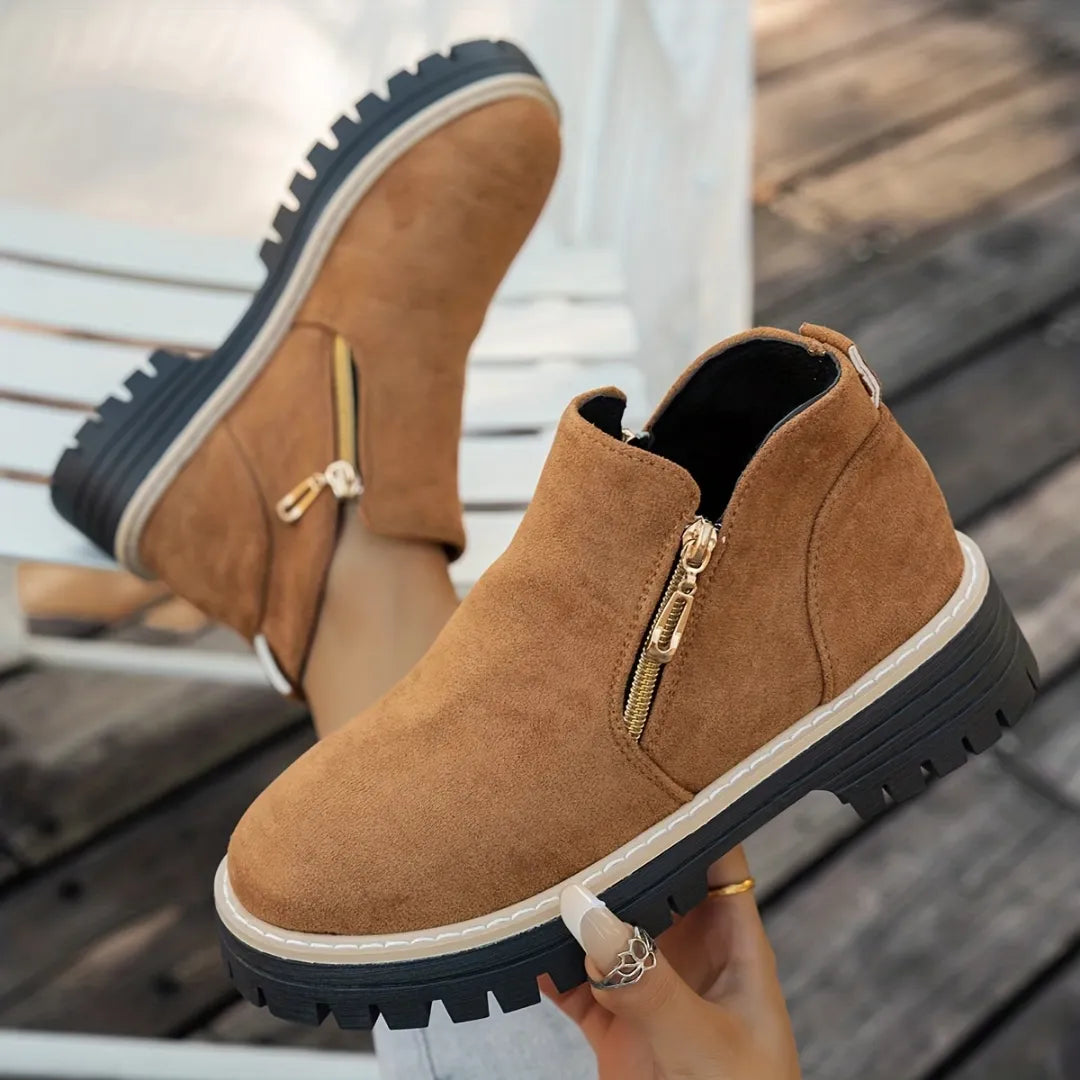 Women's Suede-Look Ankle Boots with Dual Gold-Tone Zippers