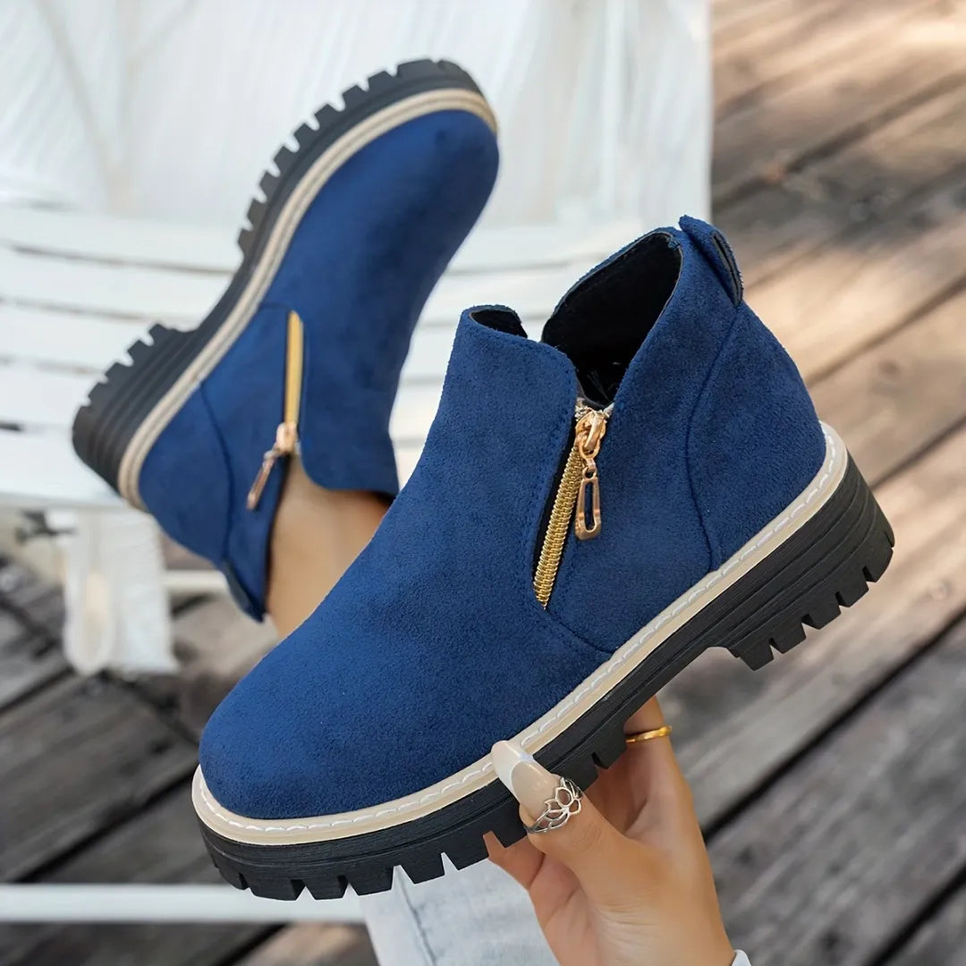 Women's Suede-Look Ankle Boots with Dual Gold-Tone Zippers