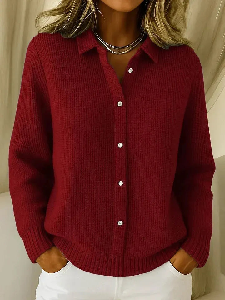 Women's Textured Knit Polo Sweater with Button Placket