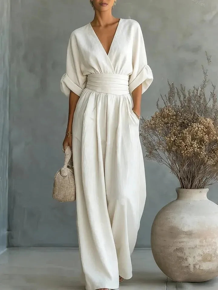 Women's V-Neck Jumpsuit with Wide-Leg Pants