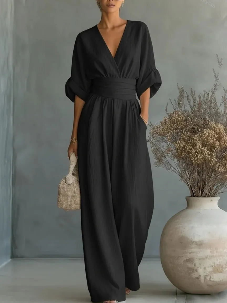 Women's V-Neck Jumpsuit with Wide-Leg Pants