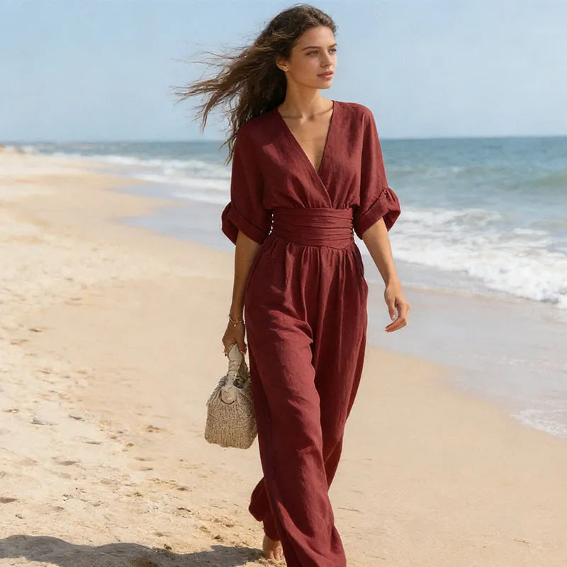 Women's V-Neck Jumpsuit with Wide-Leg Pants