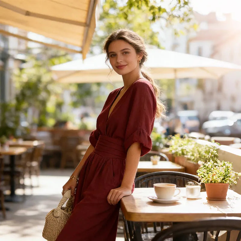 Women's V-Neck Jumpsuit with Wide-Leg Pants