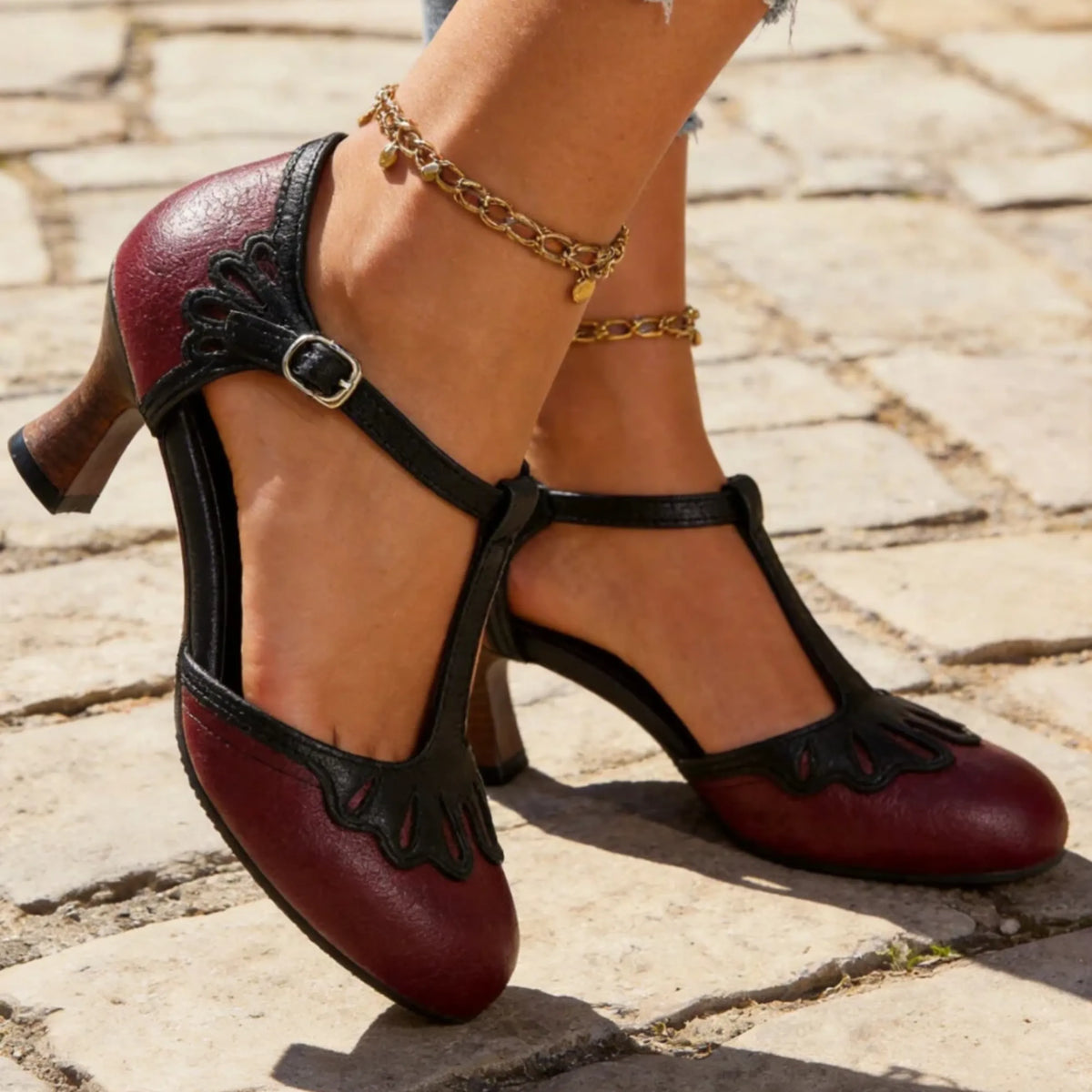 Women's Vintage T-Strap Pumps with Mid Block Heel