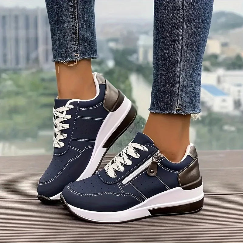 Women's Wedge Sneakers with Side Zipper and Laces