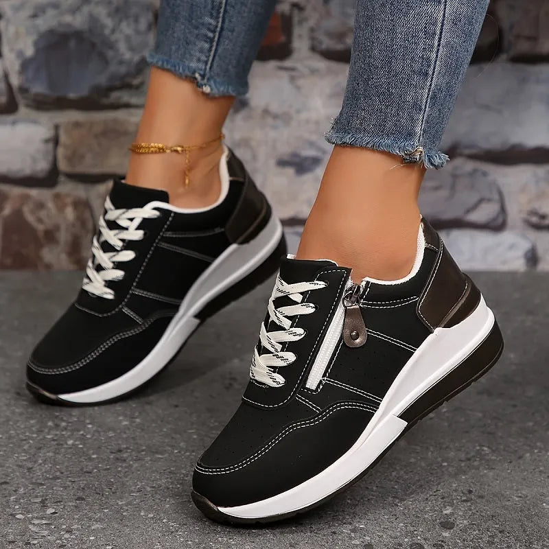 Women's Wedge Sneakers with Side Zipper and Laces