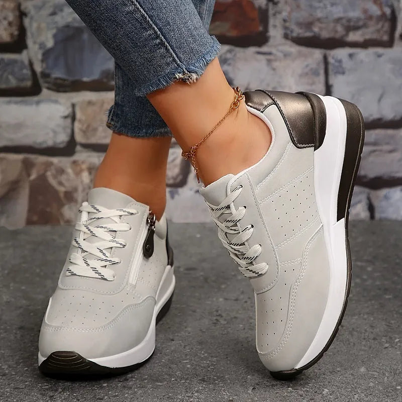 Women's Wedge Sneakers with Side Zipper and Laces