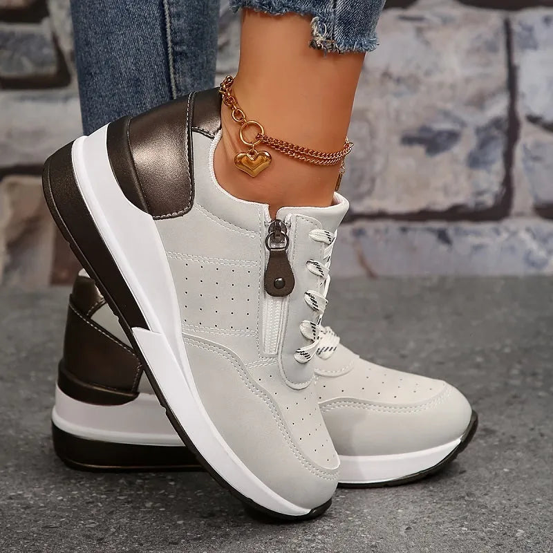 Women's Wedge Sneakers with Side Zipper and Laces