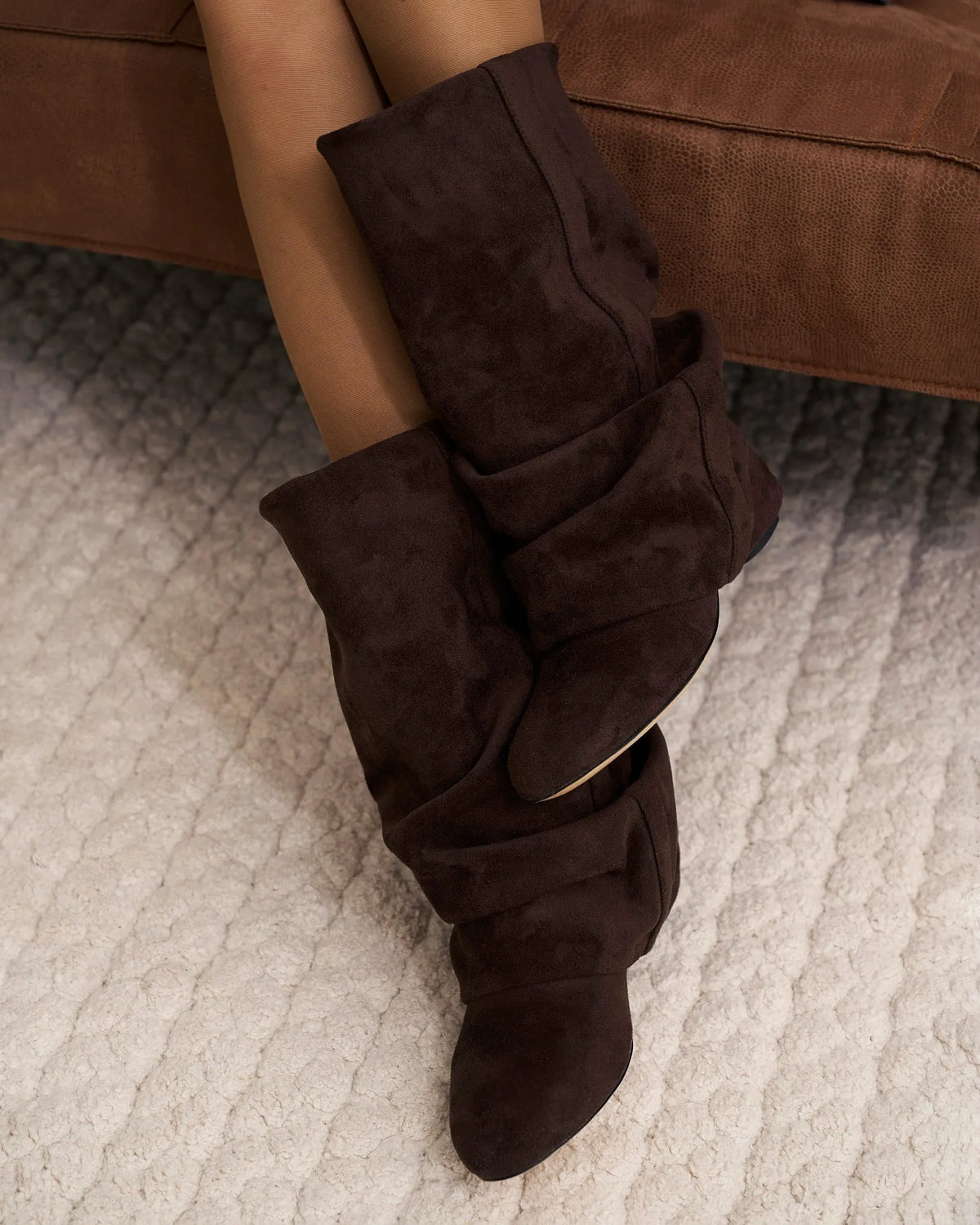 Women's Wide-Calf Knee-High Boots with Hidden Heel and Rounded Toe