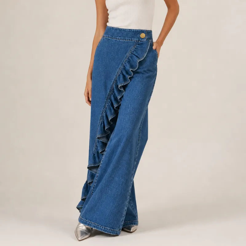 Women's Wide-Leg Culotte Jeans with Asymmetrical Ruffle