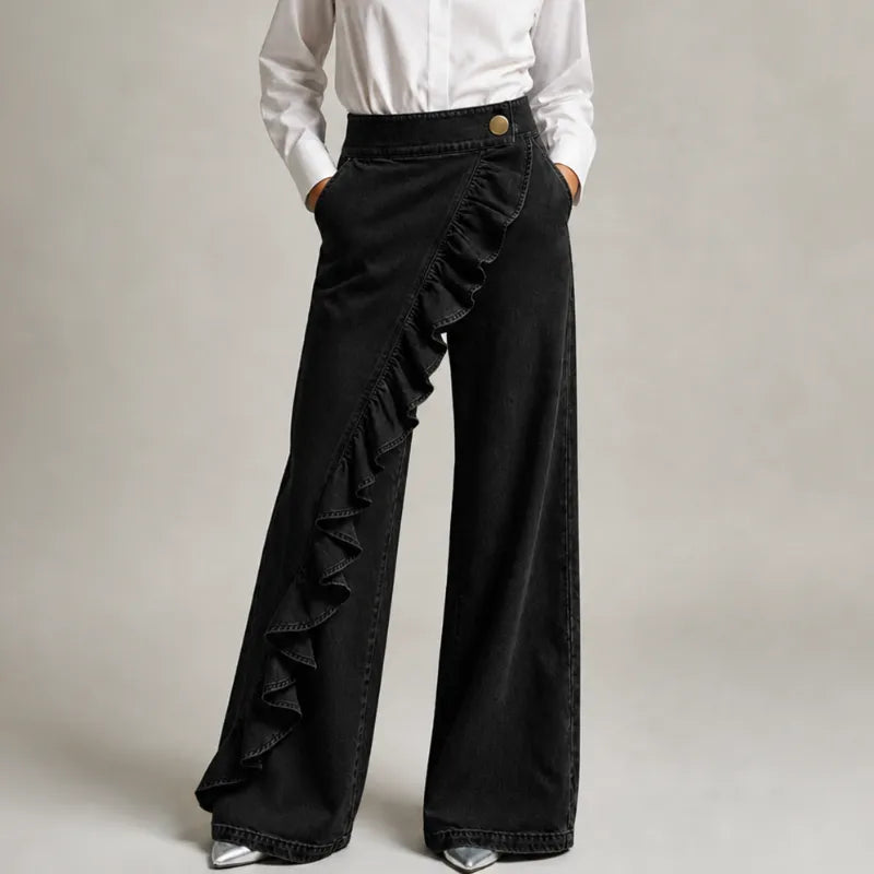 Women's Wide-Leg Culotte Jeans with Asymmetrical Ruffle