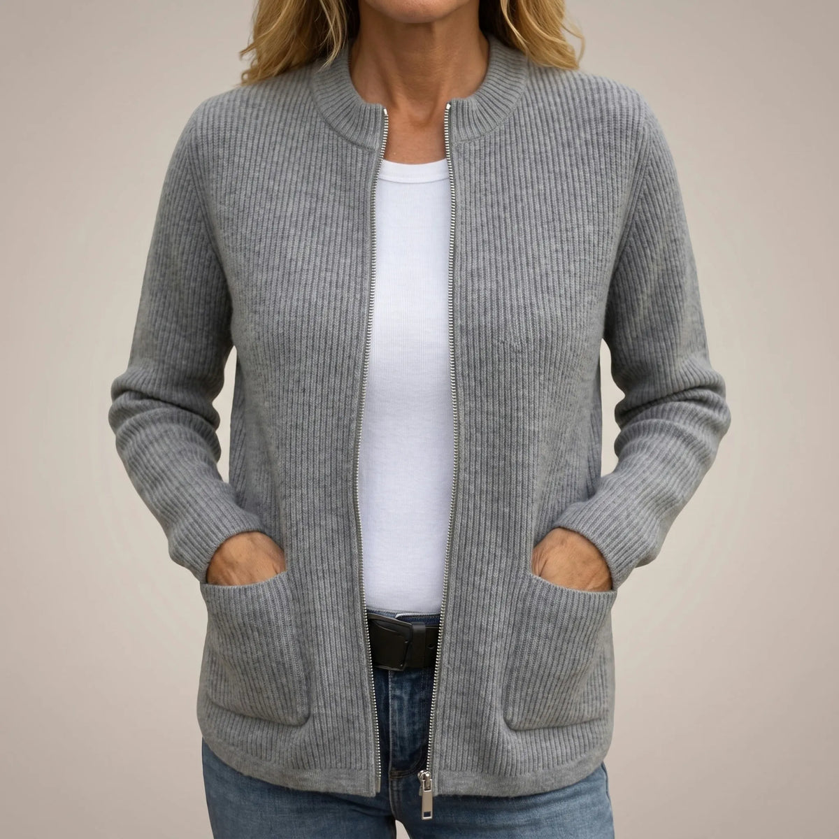 Women's Zip-Up Cardigan with Deep Front Pockets