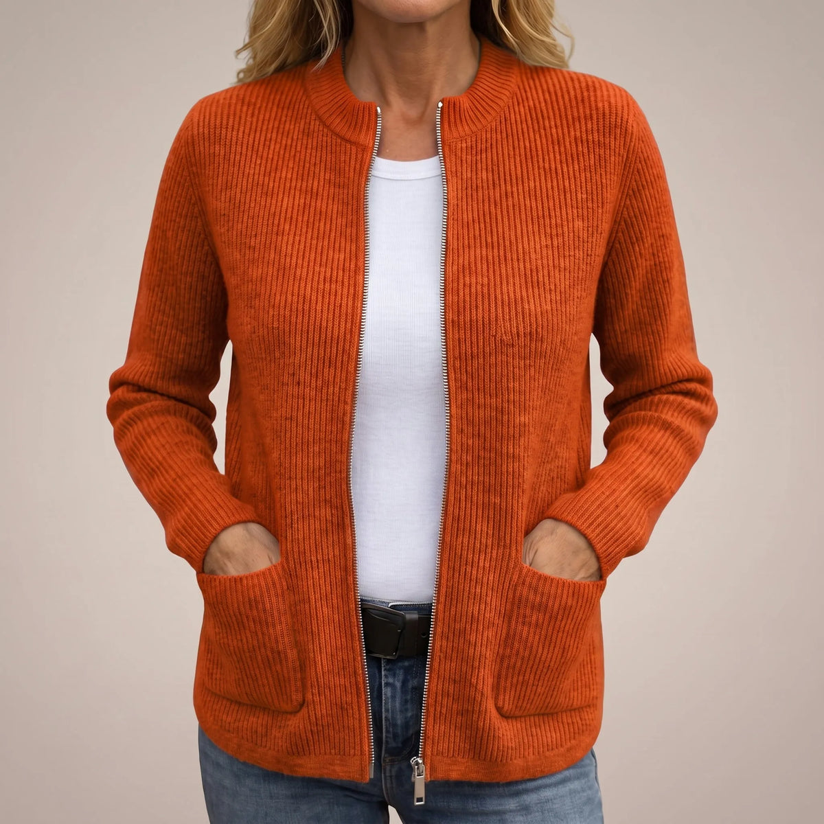 Women's Zip-Up Cardigan with Deep Front Pockets